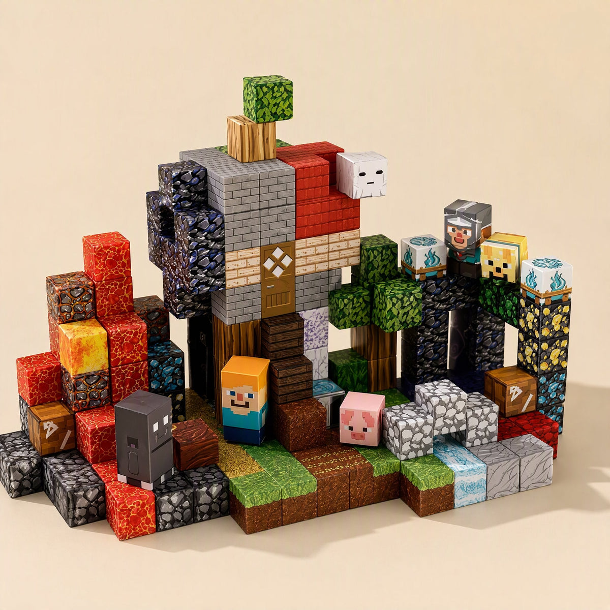 Magnetic cube building blocks with a Magma Forest theme - view 2