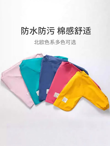 Children's Long-Sleeved Baby Smock Waterproof and Anti-Dirty Reverse Dressing Pure Color Baby Eating Bib Rice Pocket Painting Clothes Logo - image 2