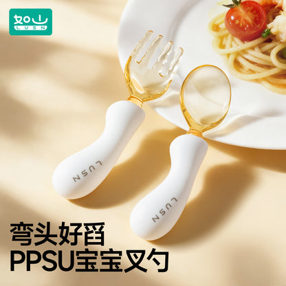 Rushan Baby Spoon Learns to Eat and Trains Silicone Fork and Spoon Newborn Baby to Eat Independently Ppsu Complementary Food Spoon - image 1