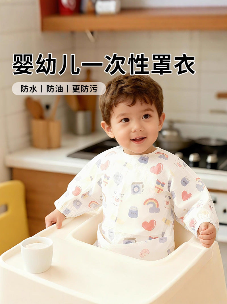 Baby Disposable Long-Sleeved Smock Sleeveless Kidsren's Eating Bib Apron Outer Wear Baby Rice Pocket Waterproof Reverse Dressing - image 1