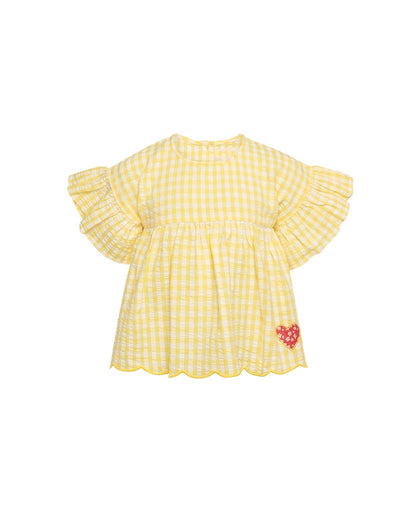 Summer Nordic-style Ruffle-sleeve Yellow Plaid Loose