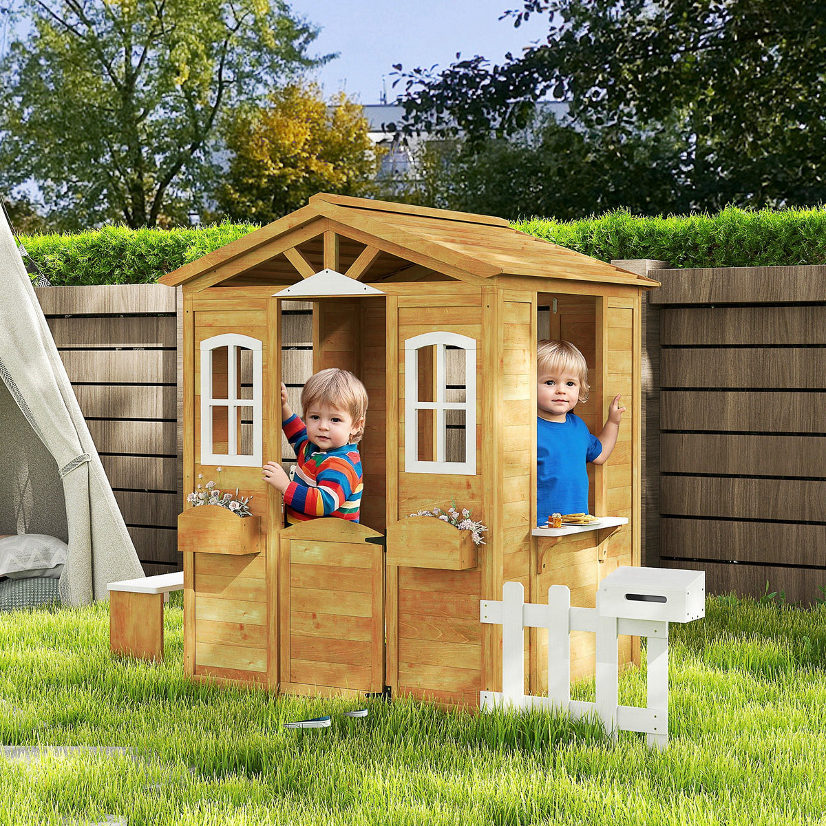 Outdoor Playhouse for Kids Wooden Cottage with Working Doors