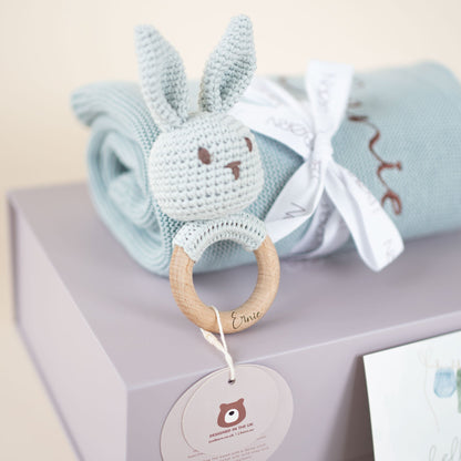 JBØRN Knitted Baby Blanket & Bunny Rattle Set