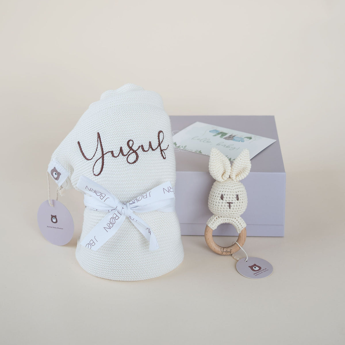 JBØRN Knitted Baby Blanket & Bunny Rattle Set