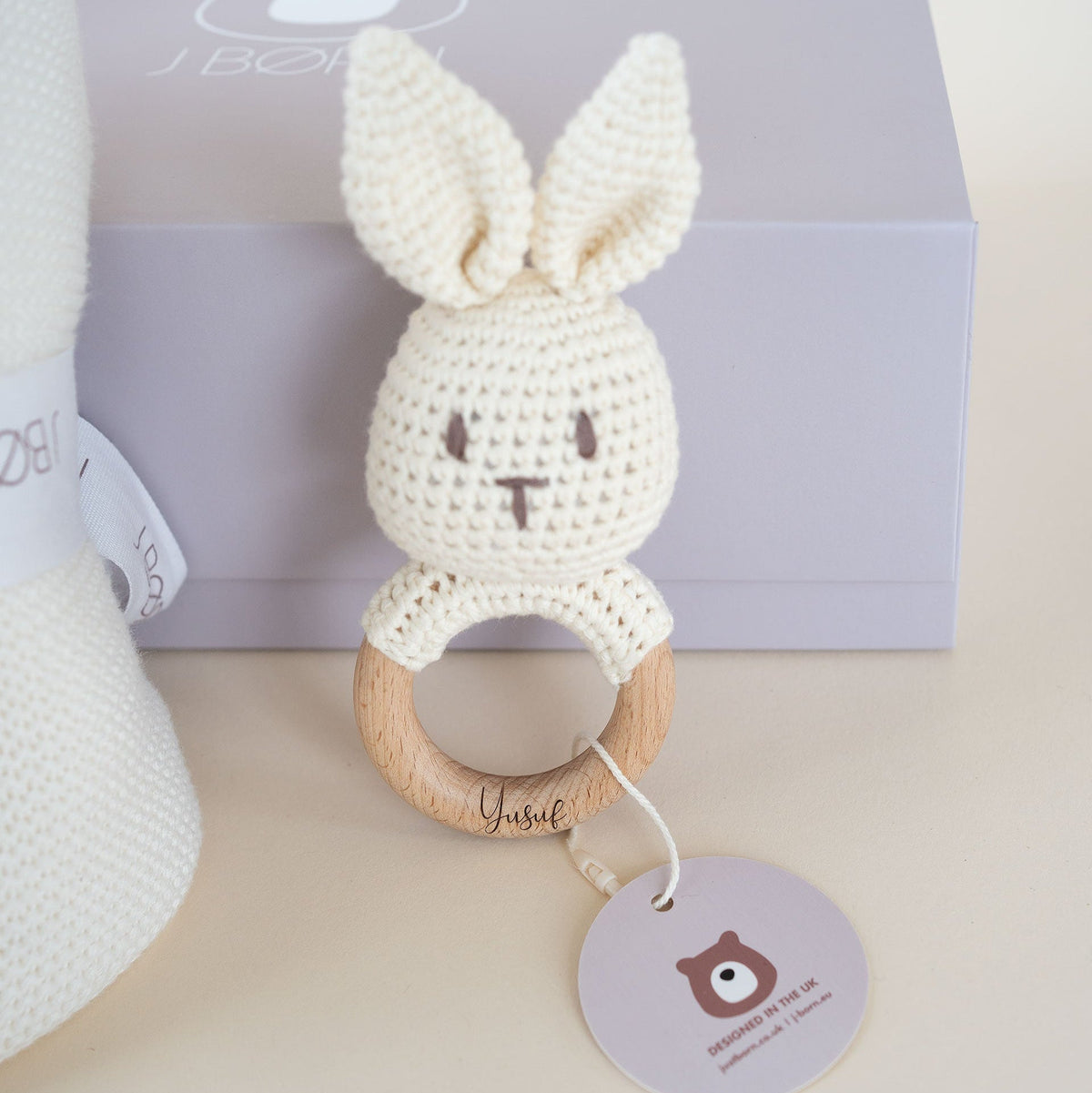 JBØRN Knitted Baby Blanket & Bunny Rattle Set