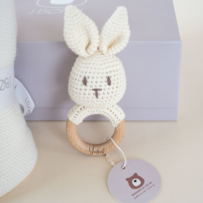 JBØRN Knitted Baby Blanket & Bunny Rattle Set