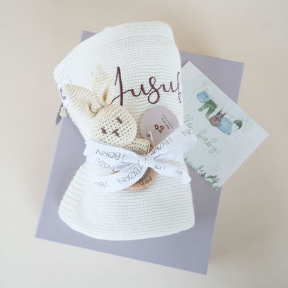 JBØRN Knitted Baby Blanket & Bunny Rattle Set