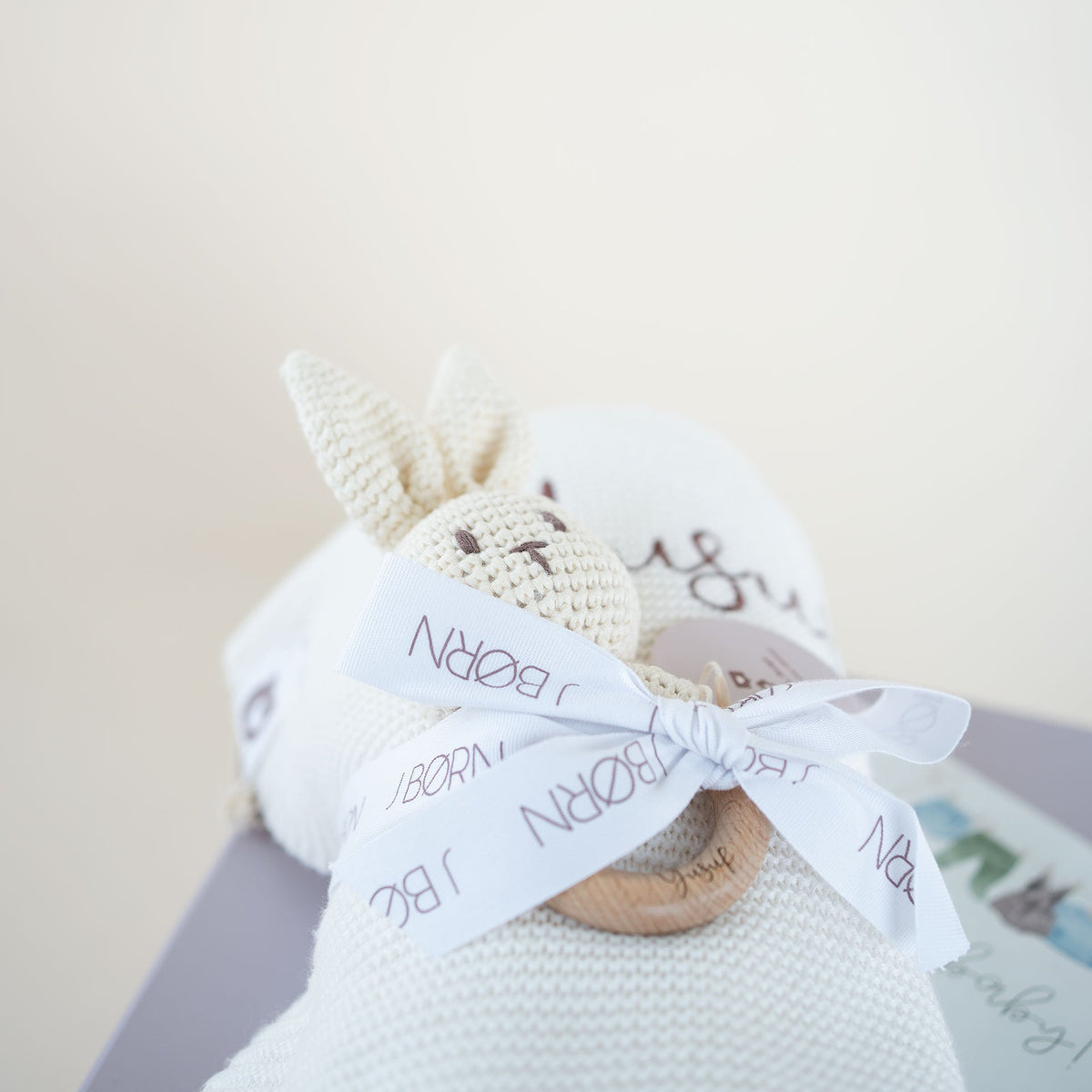 JBØRN Knitted Baby Blanket & Bunny Rattle Set