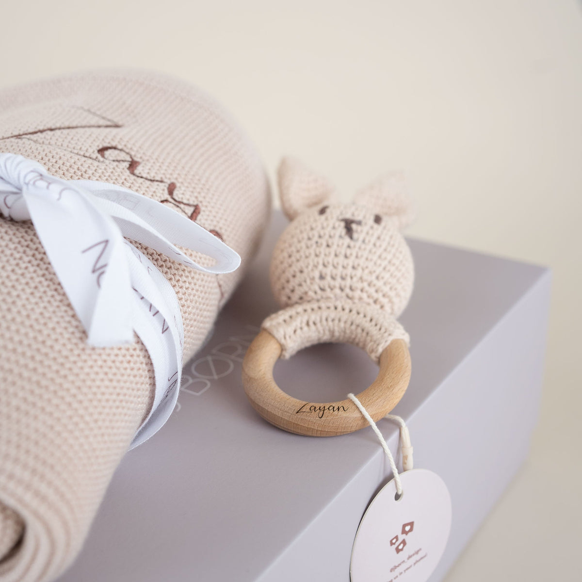 JBØRN Knitted Baby Blanket & Bunny Rattle Set