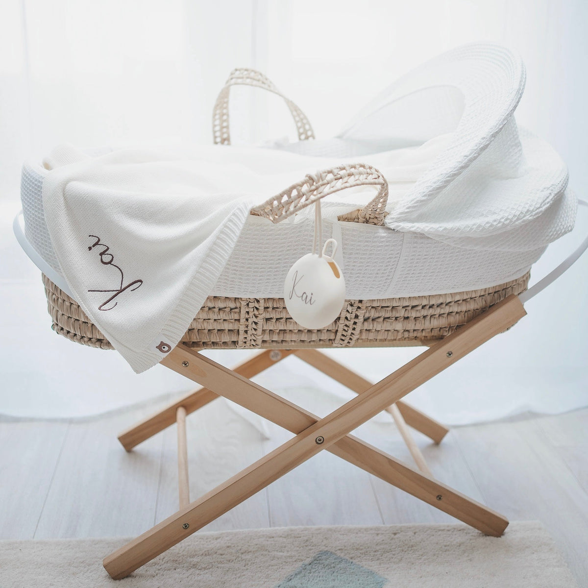 JBØRN Knitted Baby Blanket & Bunny Rattle Set
