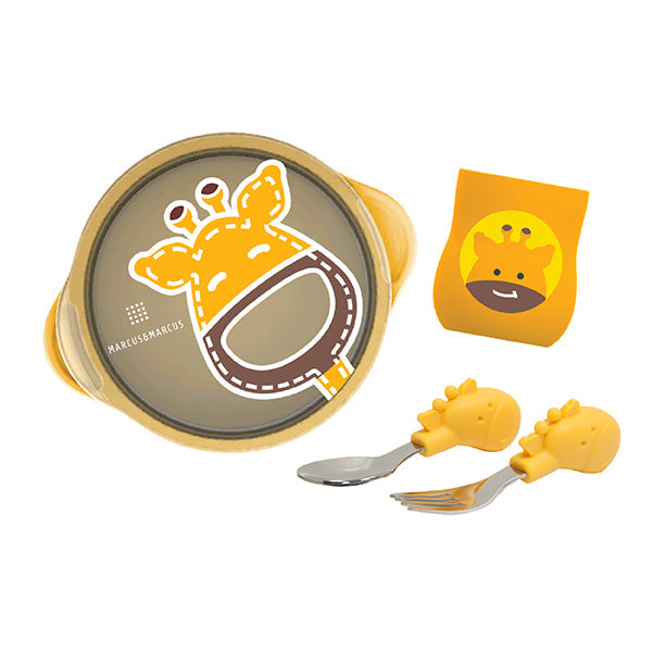 Marcus & Marcus Toddler Self Feeding Training Set – Suction Bowl with Lid, Palm Grasp Spoon & Fork, Silicone Cup