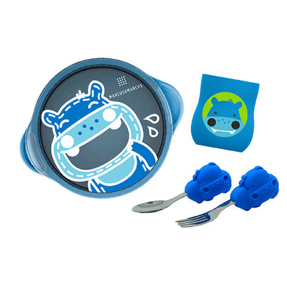 Marcus & Marcus Toddler Self Feeding Training Set – Suction Bowl with Lid, Palm Grasp Spoon & Fork, Silicone Cup