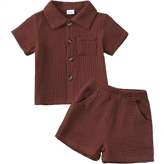 Baby Boy Cotton-linen Solid Color Textured Fabric Lapel Collar