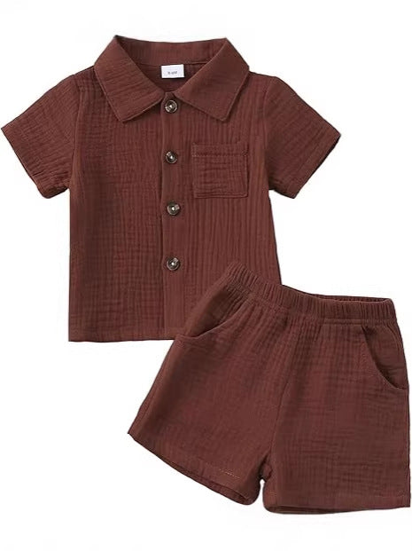 Baby Boy Cotton-linen Solid Color Textured Fabric Lapel Collar
