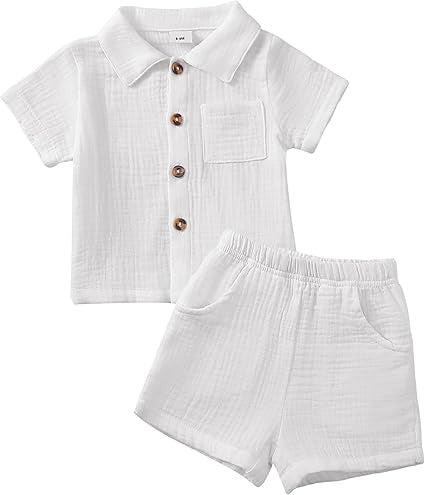 Baby Boy Cotton-linen Solid Color Textured Fabric Lapel Collar