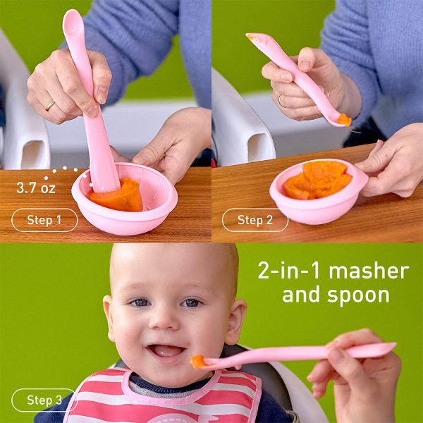 Baby First Feeding Set with Masher Spoon, Silicone Bowl & Bib for Starting Solids