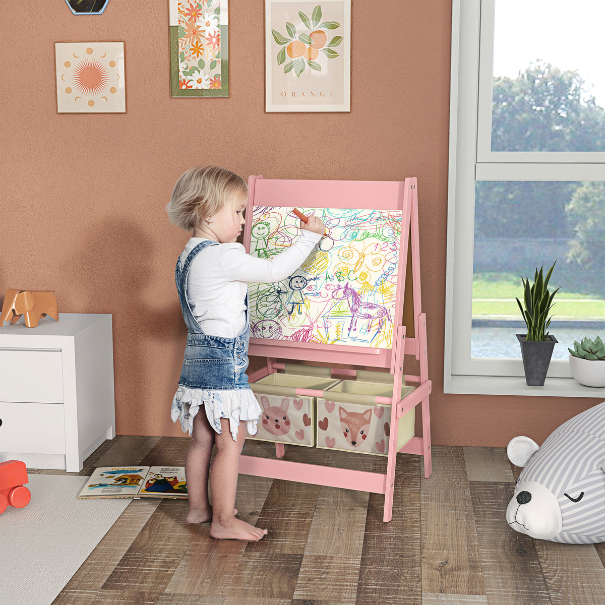 Art Easel for Kids with Paper Roll, Blackboard, Whiteboard,