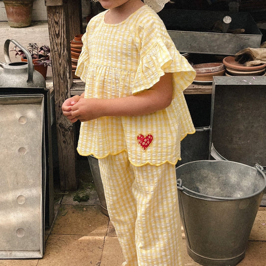 Summer Nordic-style Ruffle-sleeve Yellow Plaid Loose