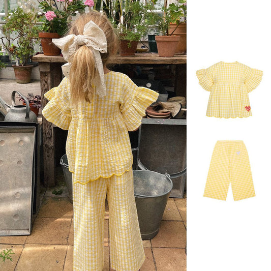 Summer Nordic-style Ruffle-sleeve Yellow Plaid Loose