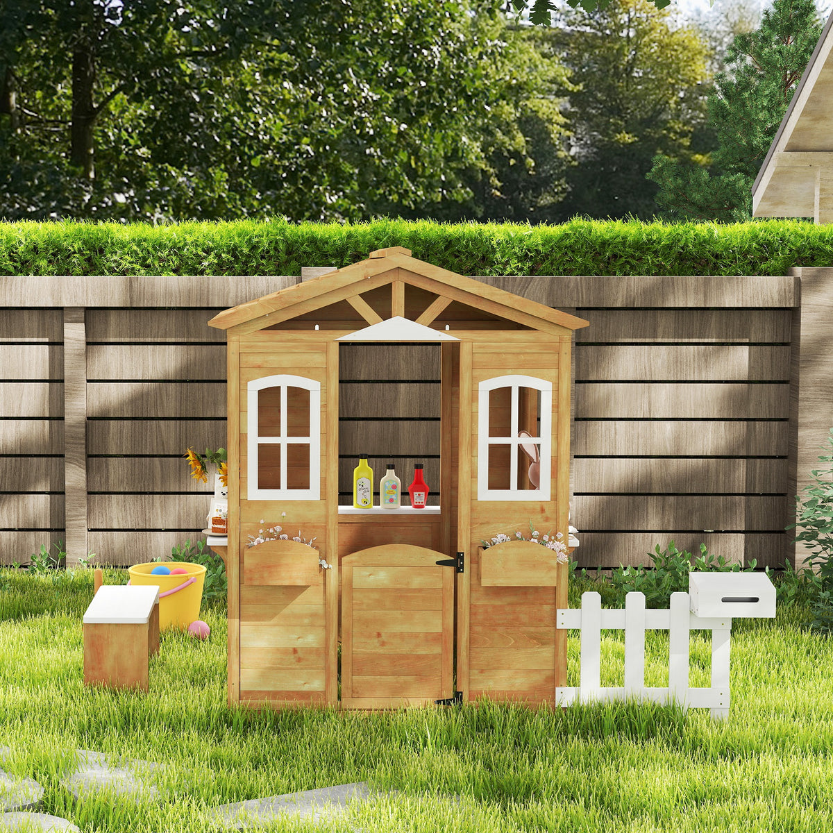 Outdoor Playhouse for Kids Wooden Cottage with Working Doors