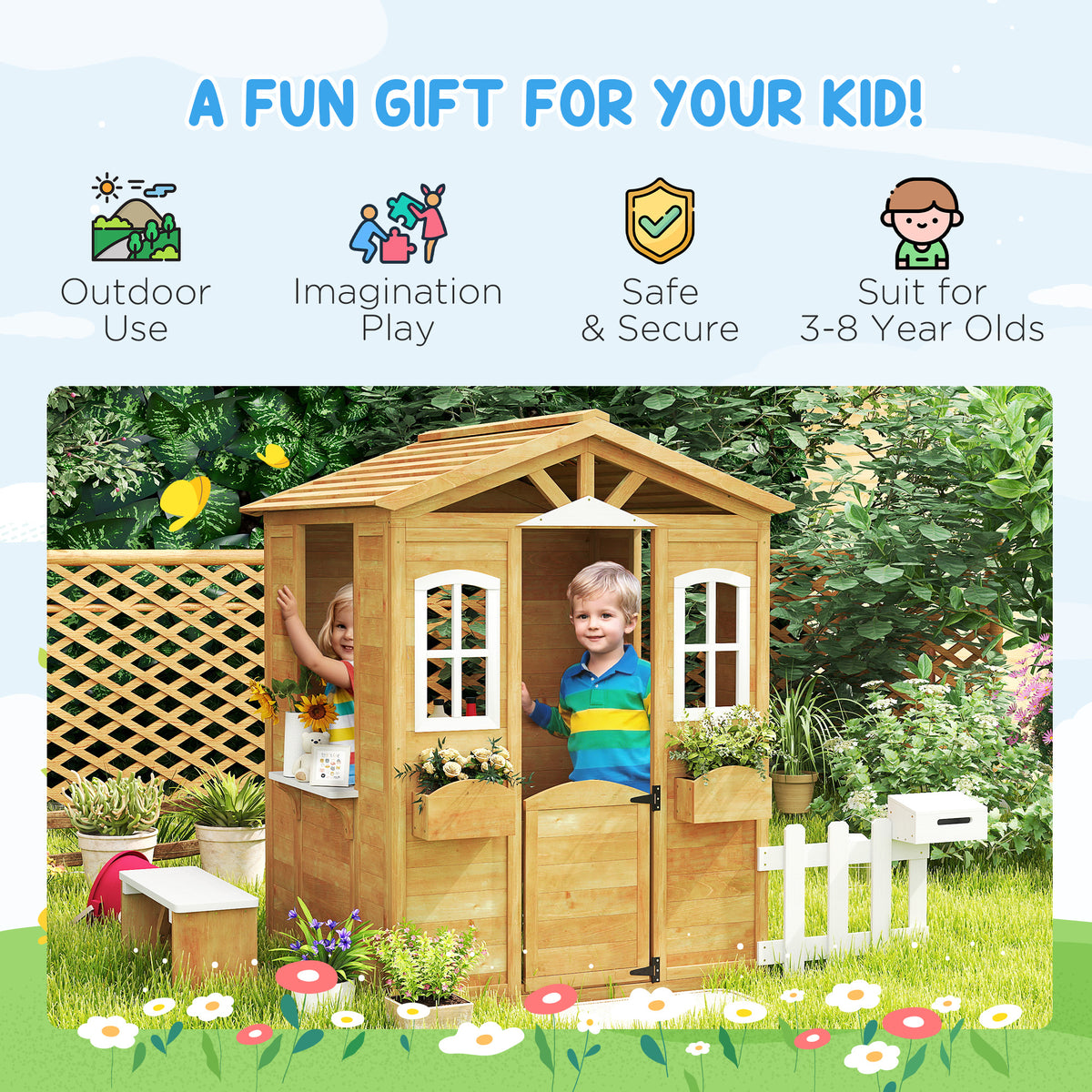 Outdoor Playhouse for Kids Wooden Cottage with Working Doors