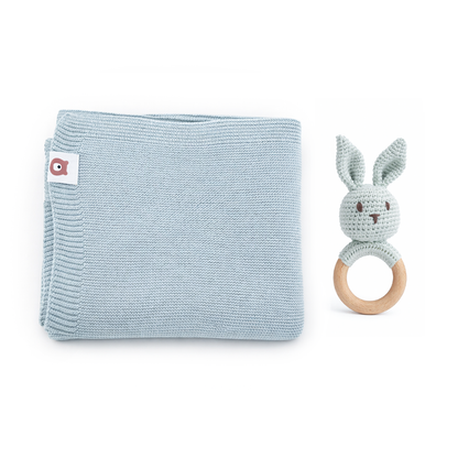 JBØRN Knitted Baby Blanket & Bunny Rattle Set