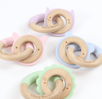 Silicone + Wood Double Ring Teether (4 Colors)