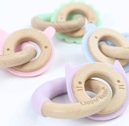 Silicone + Wood Double Ring Teether (4 Colors)