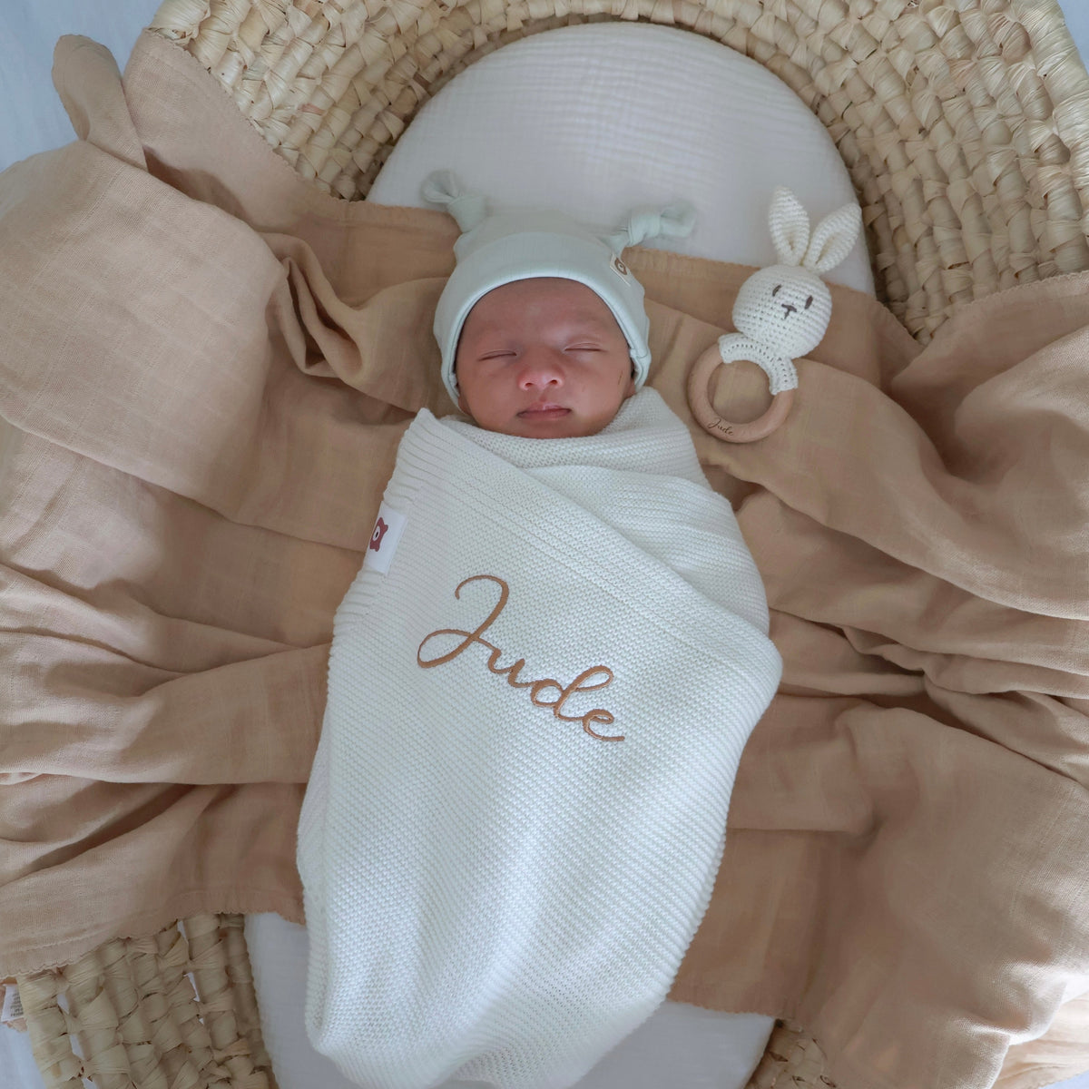 JBØRN Knitted Baby Blanket & Bunny Rattle Set