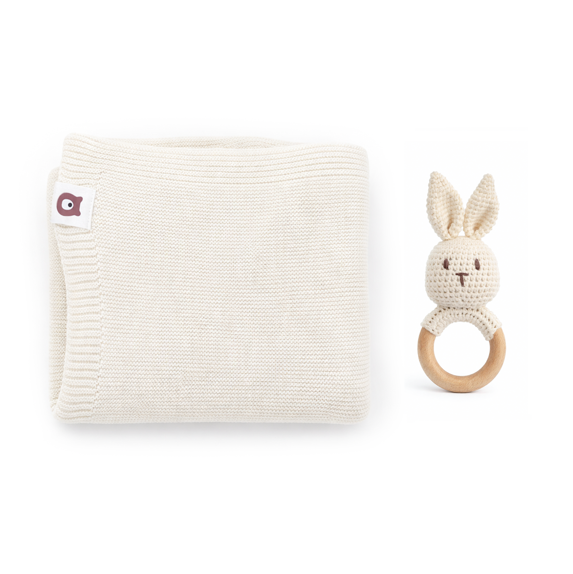 JBØRN Knitted Baby Blanket & Bunny Rattle Set
