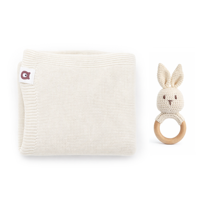 JBØRN Knitted Baby Blanket & Bunny Rattle Set