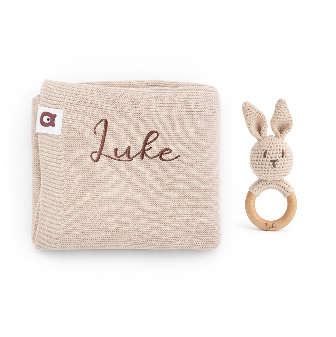 JBØRN Knitted Baby Blanket & Bunny Rattle Set