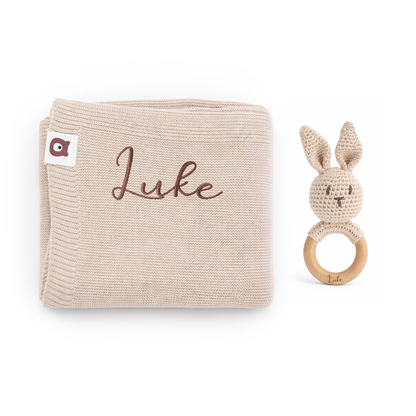 JBØRN Knitted Baby Blanket & Bunny Rattle Set