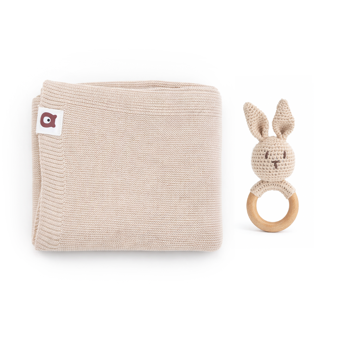 JBØRN Knitted Baby Blanket & Bunny Rattle Set