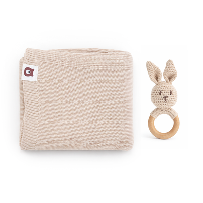 JBØRN Knitted Baby Blanket & Bunny Rattle Set